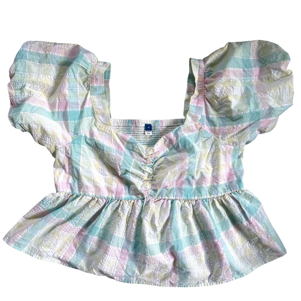 Old Navy Seersucker Peplum Top Women‎ 2X Pastel Plaid Puff Sleeve Smocked 2X